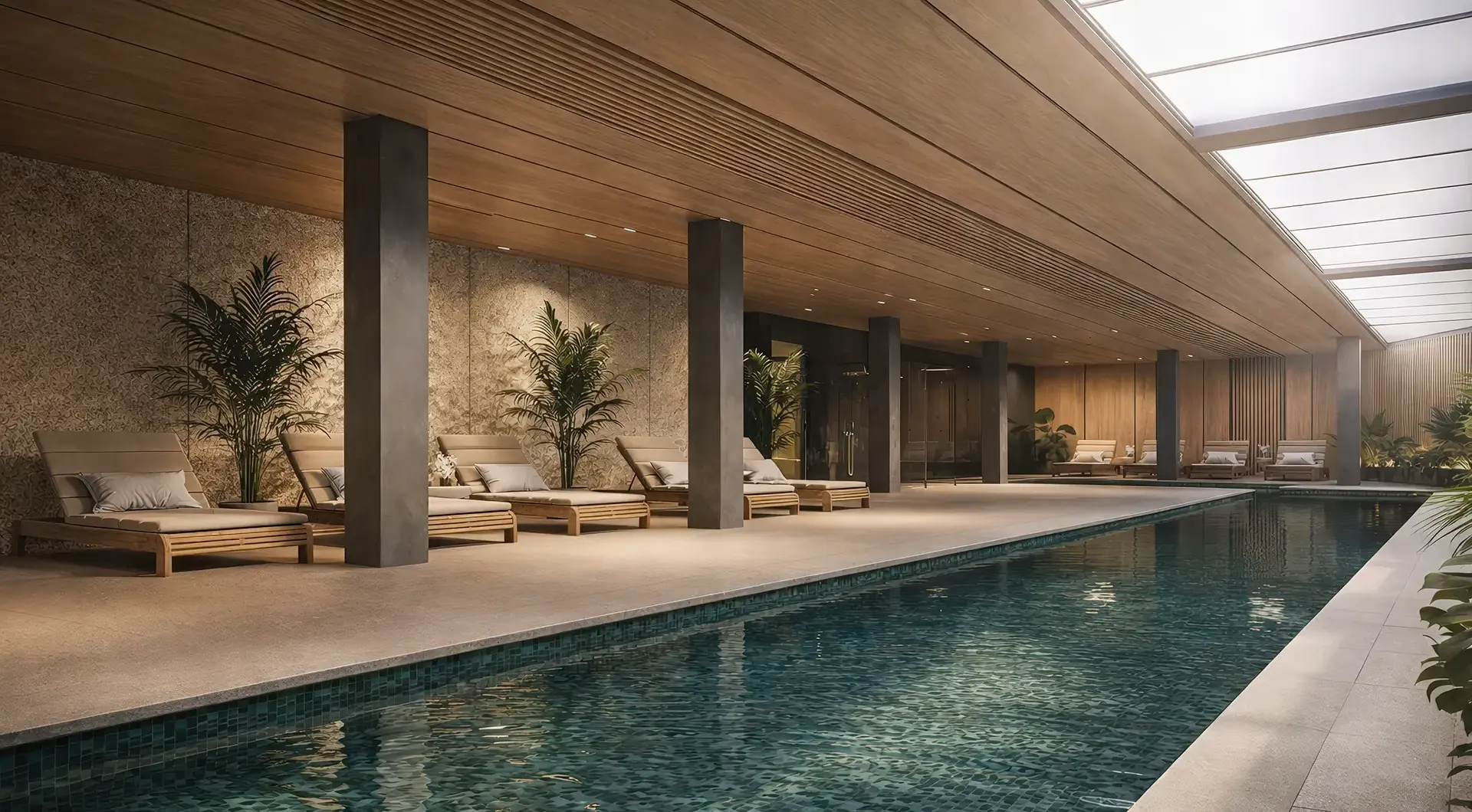 Elegant indoor swimming pool at Isla Bela, an exclusive modern residential complex in Nueva Andalucía, Marbella, with spa-style relaxation area