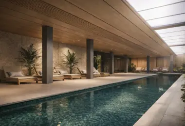 Elegant indoor swimming pool at Isla Bela, an exclusive modern residential complex in Nueva Andalucía, Marbella, with spa-style relaxation area