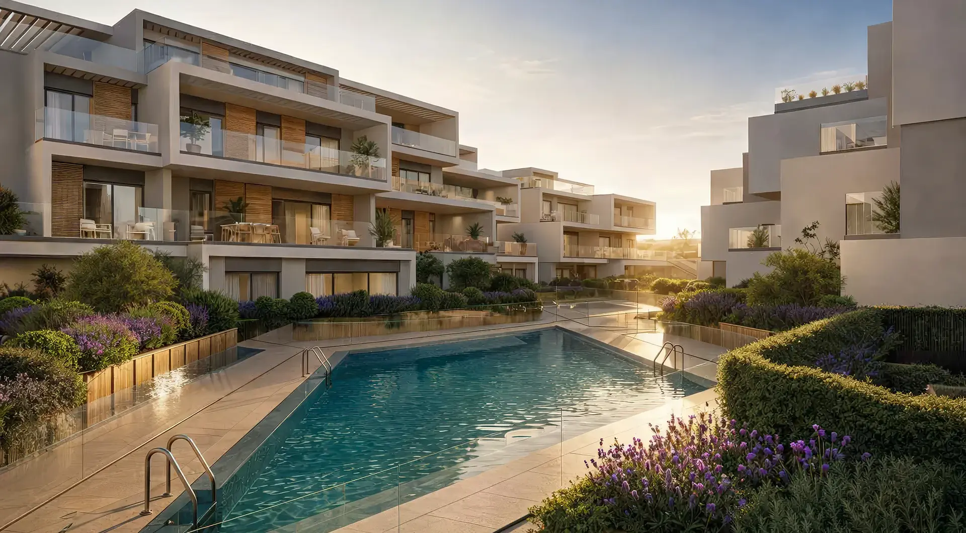 Outdoor swimming pool at Isla Bela, an exclusive modern residential complex in Nueva Andalucía, Marbella