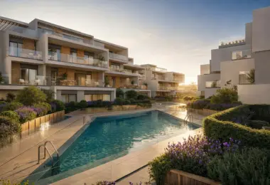 Outdoor swimming pool at Isla Bela, an exclusive modern residential complex in Nueva Andalucía, Marbella
