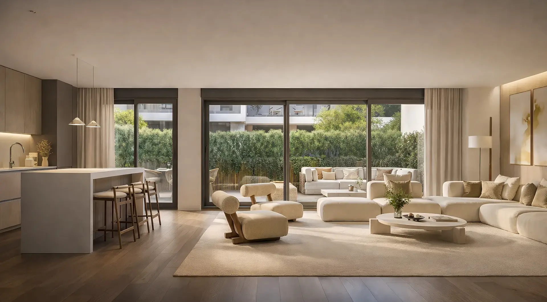 Bright modern living area at Isla Bela, an exclusive residential complex in Nueva Andalucía, Marbella, with open-plan design and garden views