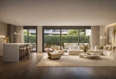 Bright modern living area at Isla Bela, an exclusive residential complex in Nueva Andalucía, Marbella, with open-plan design and garden views