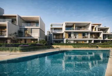 Modern apartment buildings at Isla Bela with a large outdoor swimming pool in Nueva Andalucía, Marbella