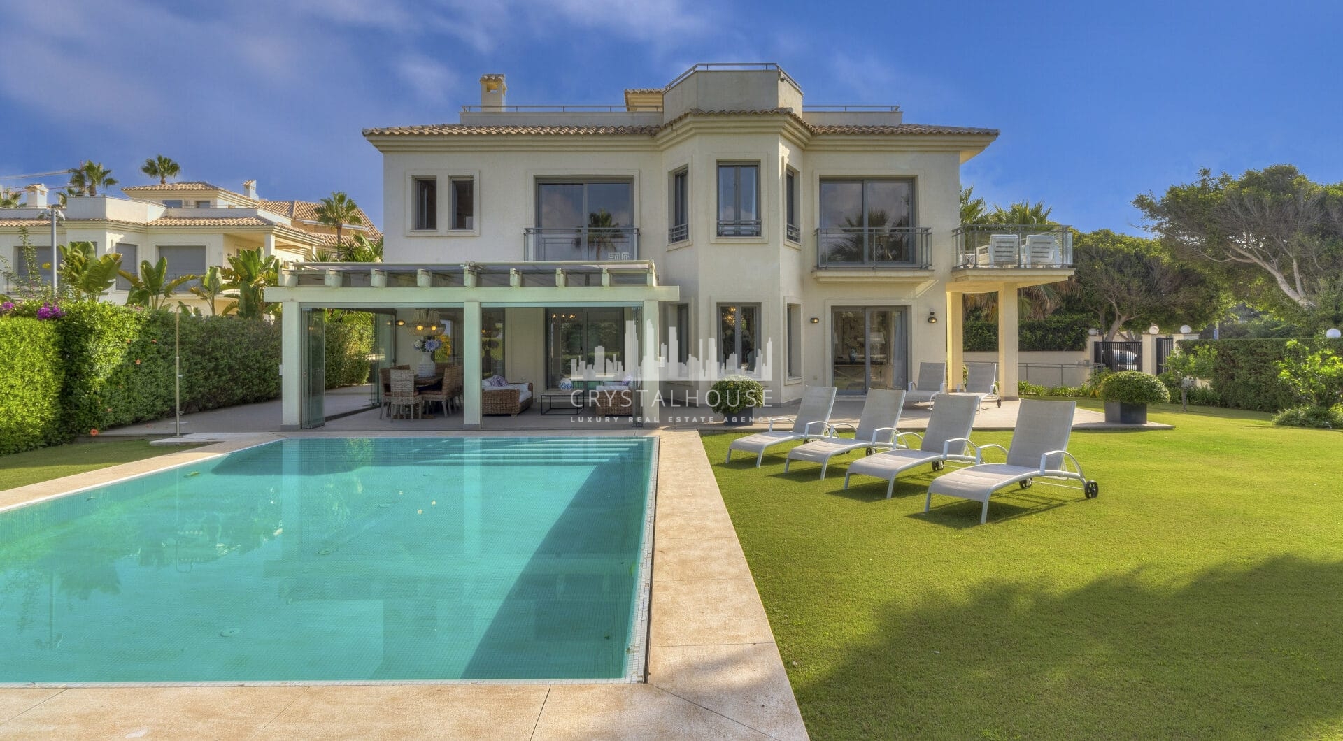 Immaculate five bedroom, south facing beachfront villa located in El Rosario, Marbella East with incredible sea views