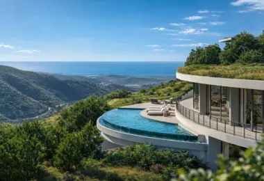 Contemporary circular villa with floor-to-ceiling glass walls and a green roof, perched on a hillside overlooking the ocean. A curved infinity pool extends from the terrace, surrounded by sun loungers and lush greenery with panoramic coastal views.