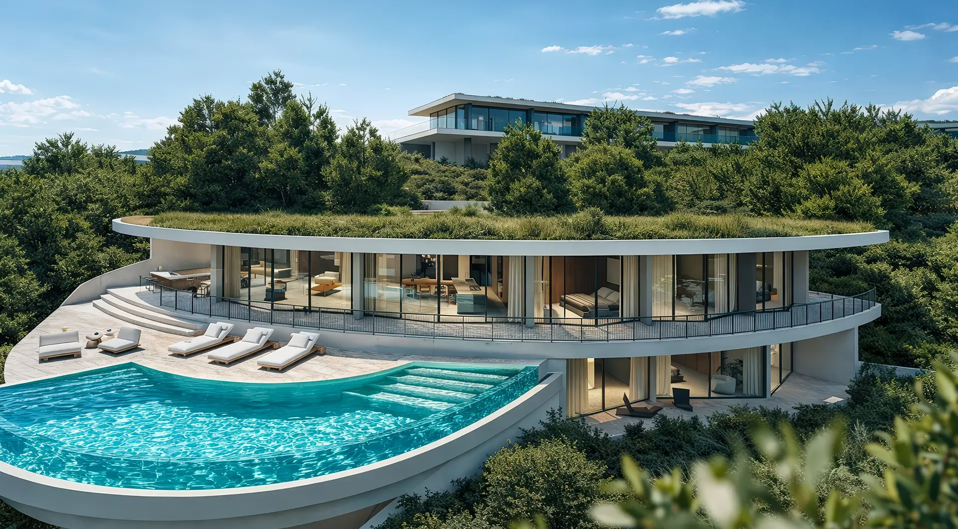 Modern multi-level villa with floor-to-ceiling glass walls and a green roof, set on a hillside surrounded by trees. In the foreground, a large curved infinity-style pool with sun loungers and a spacious terrace overlooking the landscape.