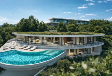 Modern multi-level villa with floor-to-ceiling glass walls and a green roof, set on a hillside surrounded by trees. In the foreground, a large curved infinity-style pool with sun loungers and a spacious terrace overlooking the landscape.