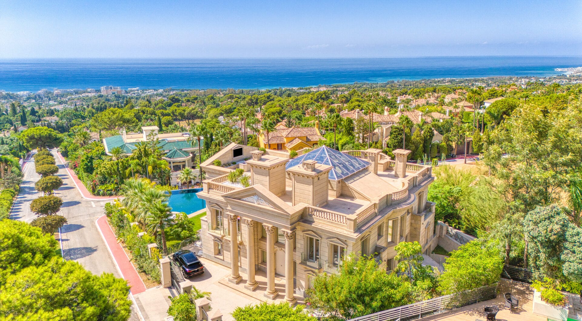 An architecturally unique, south-facing property located in the exclusive gated community of Sierra Blanca on Marbella’s prestigious Golden Mile