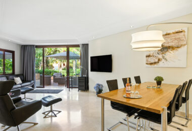 Immaculate three bedroom west facing ground floor apartment in the prestigious and gated beachfront community Menara Beach
