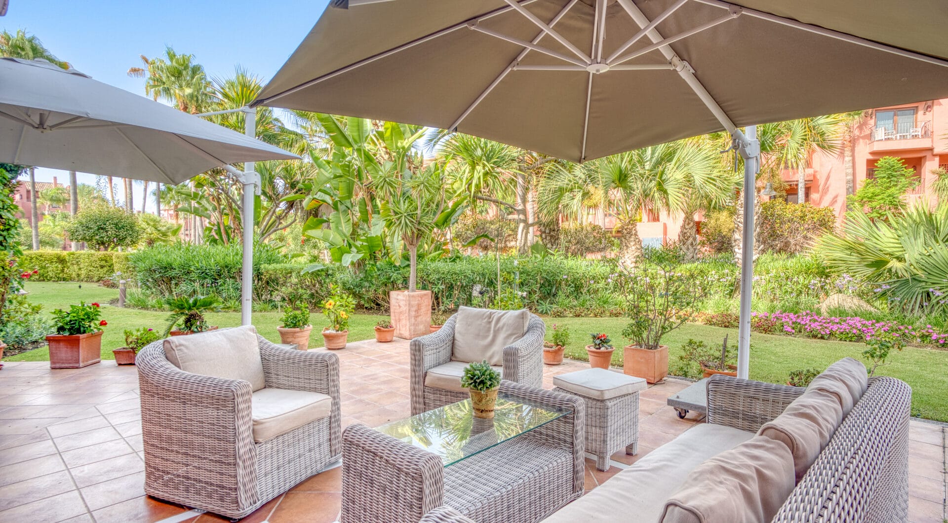 Immaculate three bedroom west facing ground floor apartment in the prestigious and gated beachfront community Menara Beach