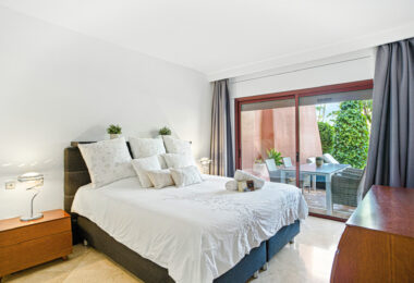 Immaculate three bedroom west facing ground floor apartment in the prestigious and gated beachfront community Menara Beach
