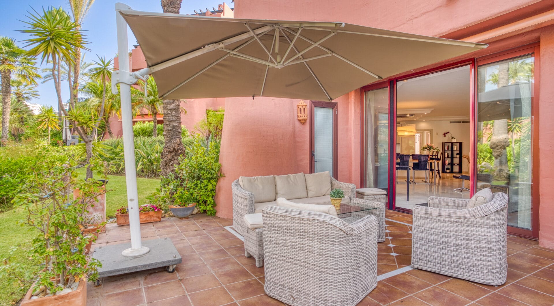 Immaculate three bedroom west facing ground floor apartment in the prestigious and gated beachfront community Menara Beach