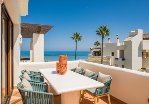 Stunning south-facing three bedroom penthouse located in the exclusive gated community of Bahia Del Velerin, Estepona.