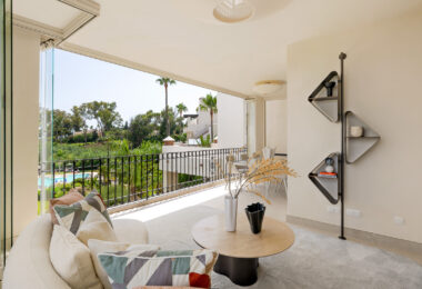 Beautifully renovated, south facing three-bedroom apartment located  in the prestigious gated community of Bahia del Velerin, Estepona