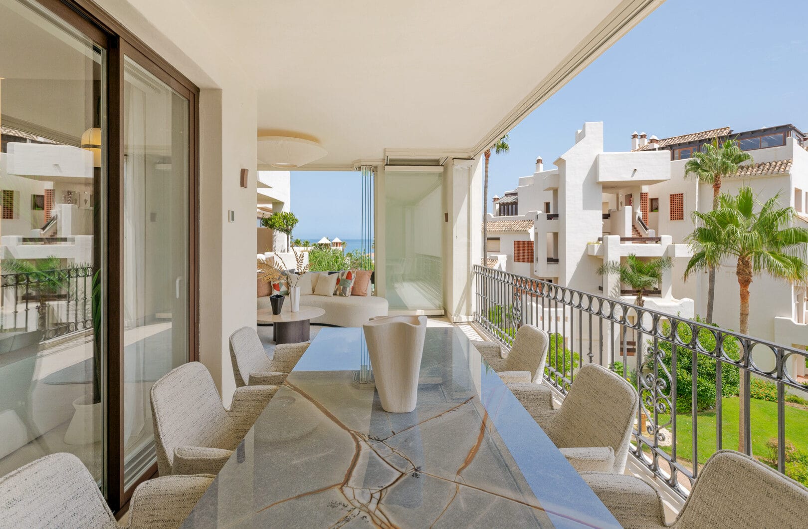 Beautifully renovated, south facing three-bedroom apartment located  in the prestigious gated community of Bahia del Velerin, Estepona