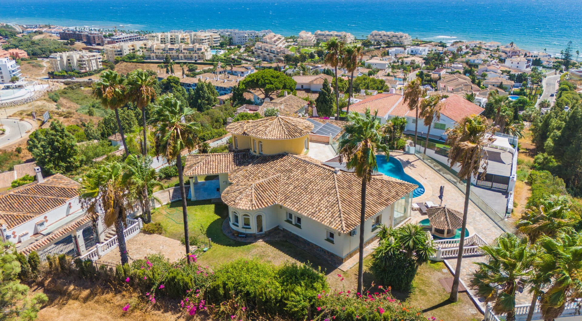 Spectacular south facing five bedroom villa in El Chaparral, Mijas Costa with panoramic sea views