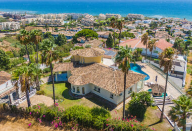 Spectacular south facing five bedroom villa in El Chaparral, Mijas Costa with panoramic sea views