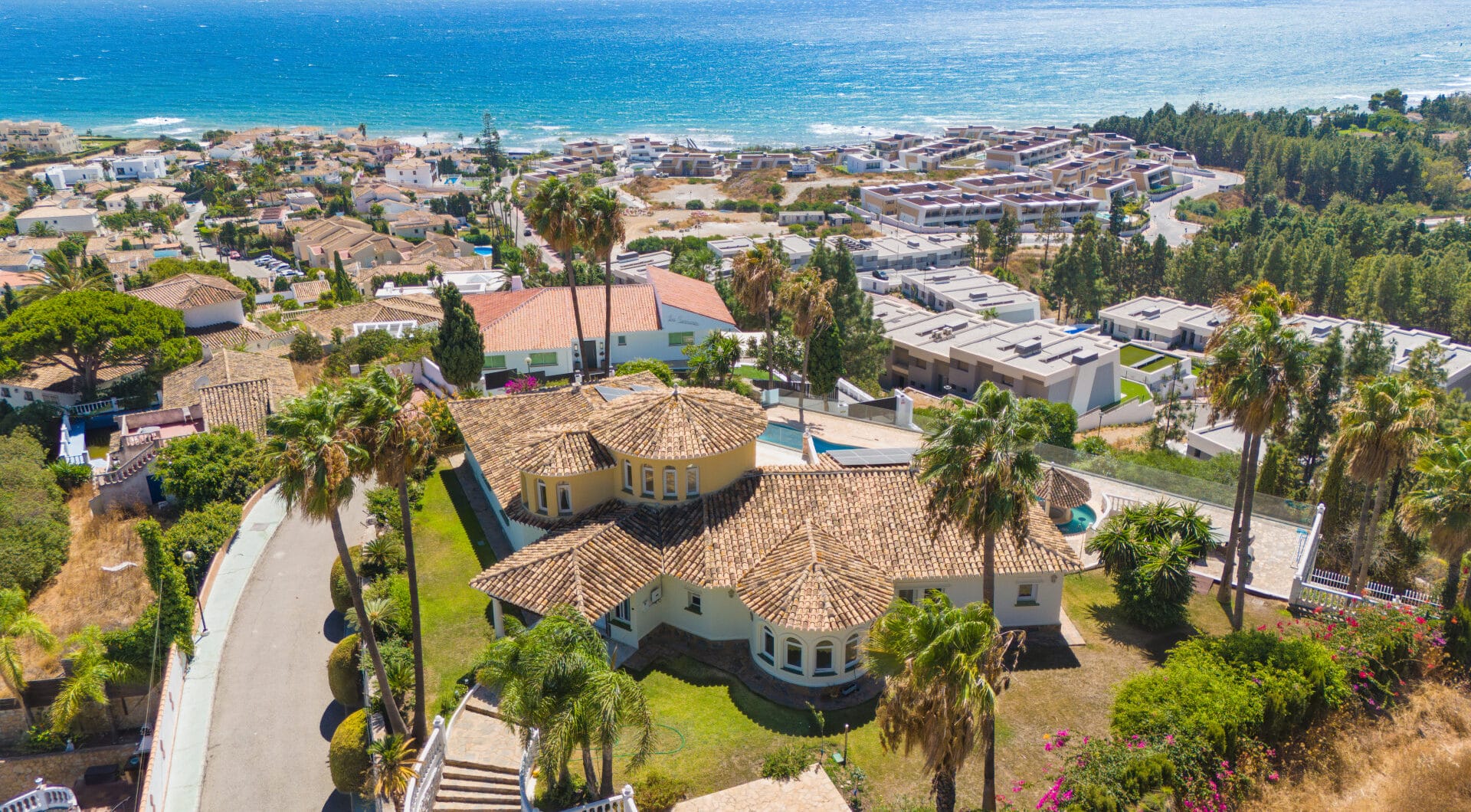 Spectacular south facing five bedroom villa in El Chaparral, Mijas Costa with panoramic sea views