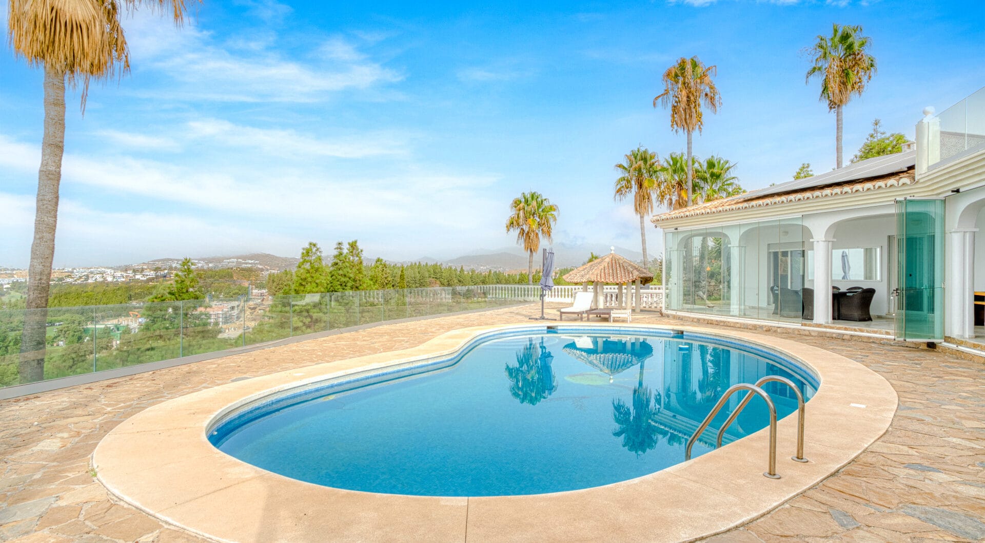 Spectacular south facing five bedroom villa in El Chaparral, Mijas Costa with panoramic sea views