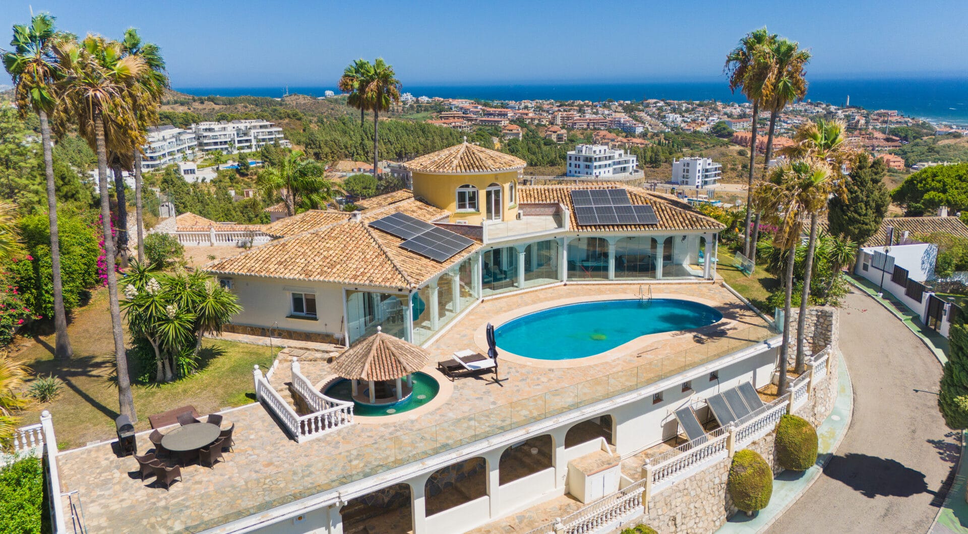 Spectacular south facing five bedroom villa in El Chaparral, Mijas Costa with panoramic sea views