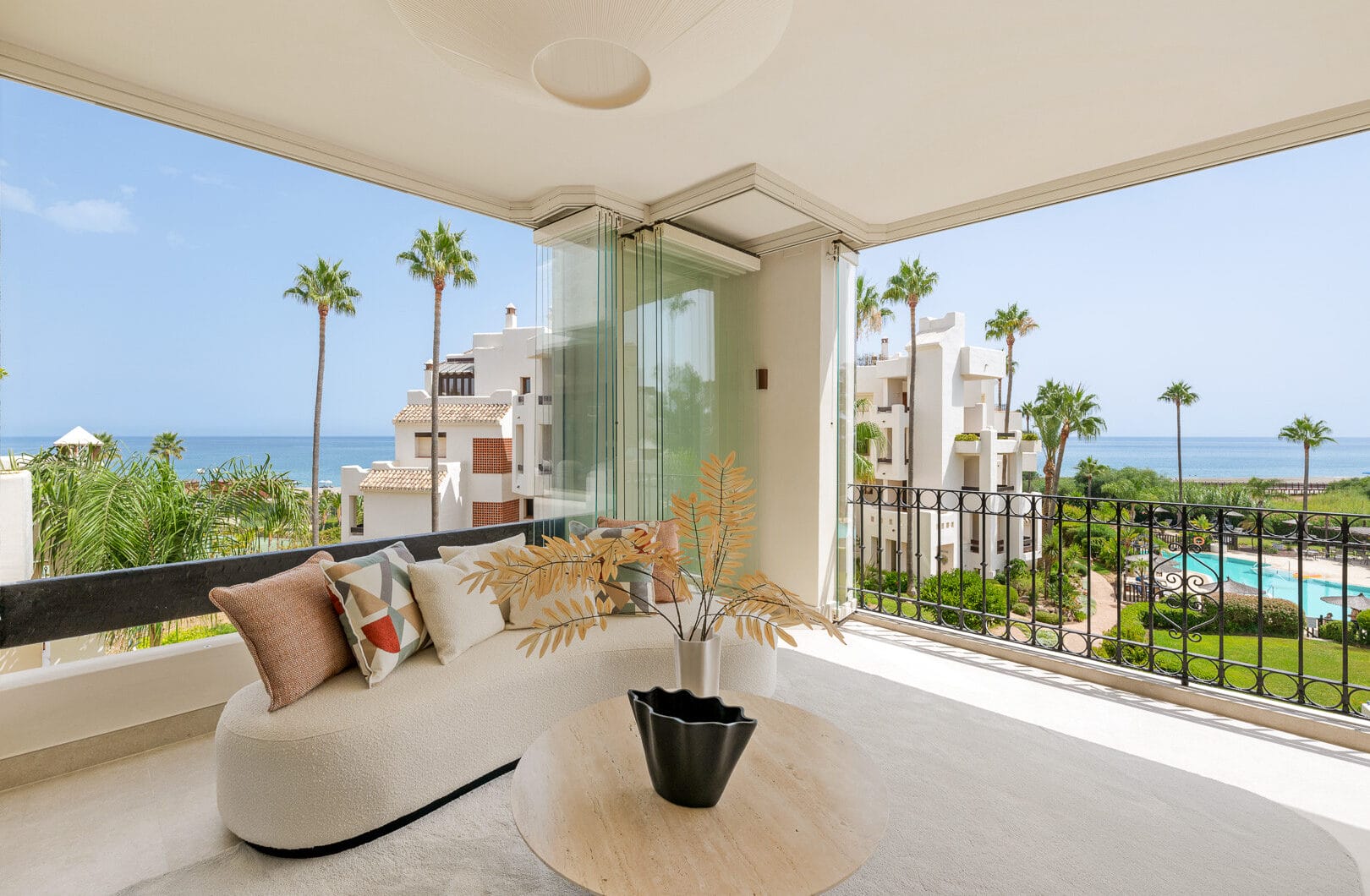 Beautifully renovated, south facing three-bedroom apartment located  in the prestigious gated community of Bahia del Velerin, Estepona