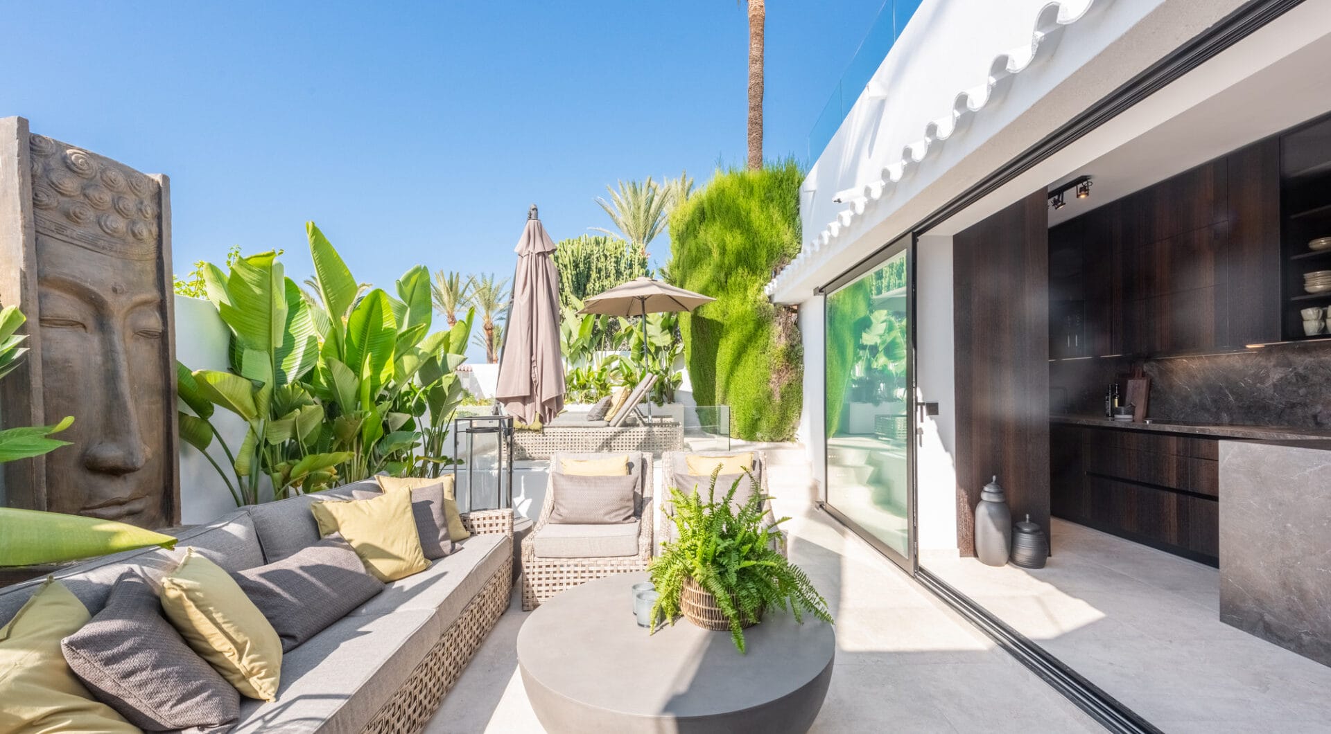 Scandi-style design bungalow in the beachfront Oasis Club on Marbella's Golden Mile.
