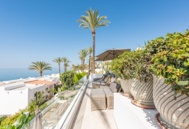 Scandi-style design bungalow in the beachfront Oasis Club on Marbella's Golden Mile.