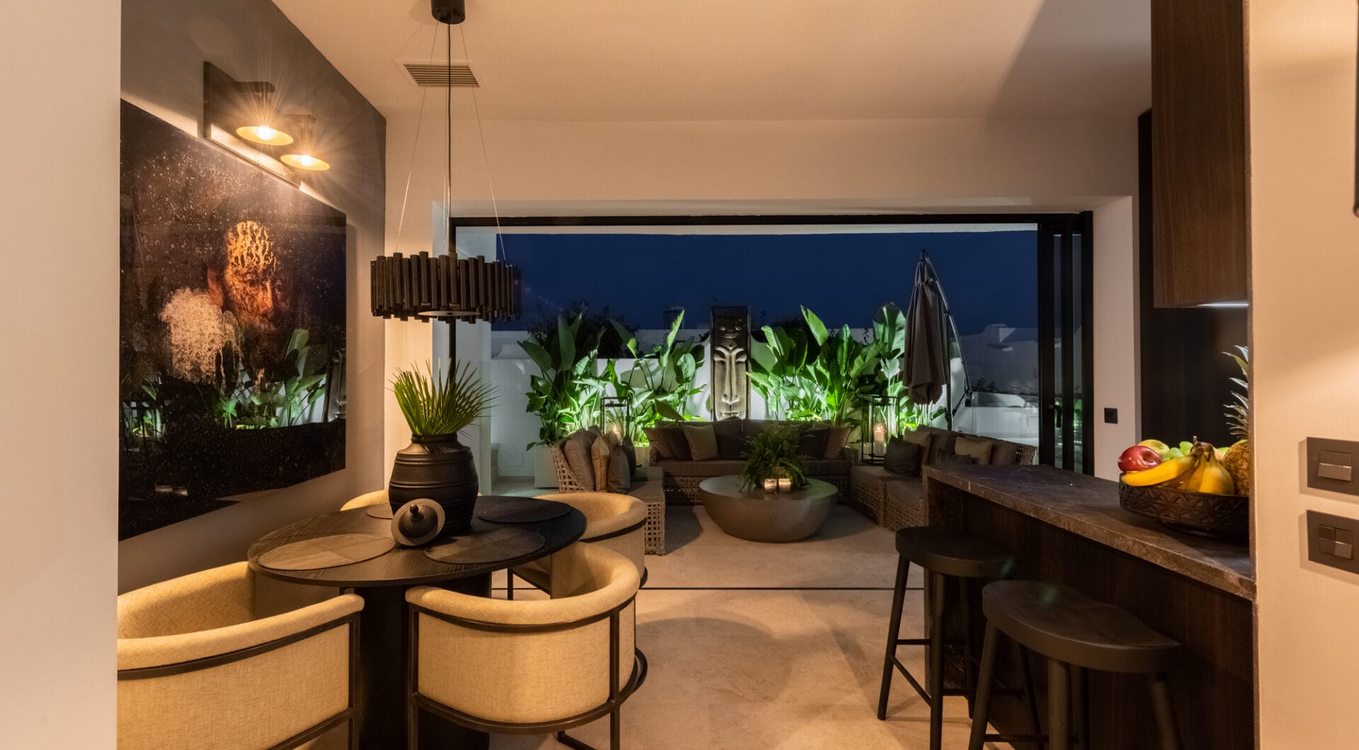 Scandi-style design bungalow in the beachfront Oasis Club on Marbella's Golden Mile.