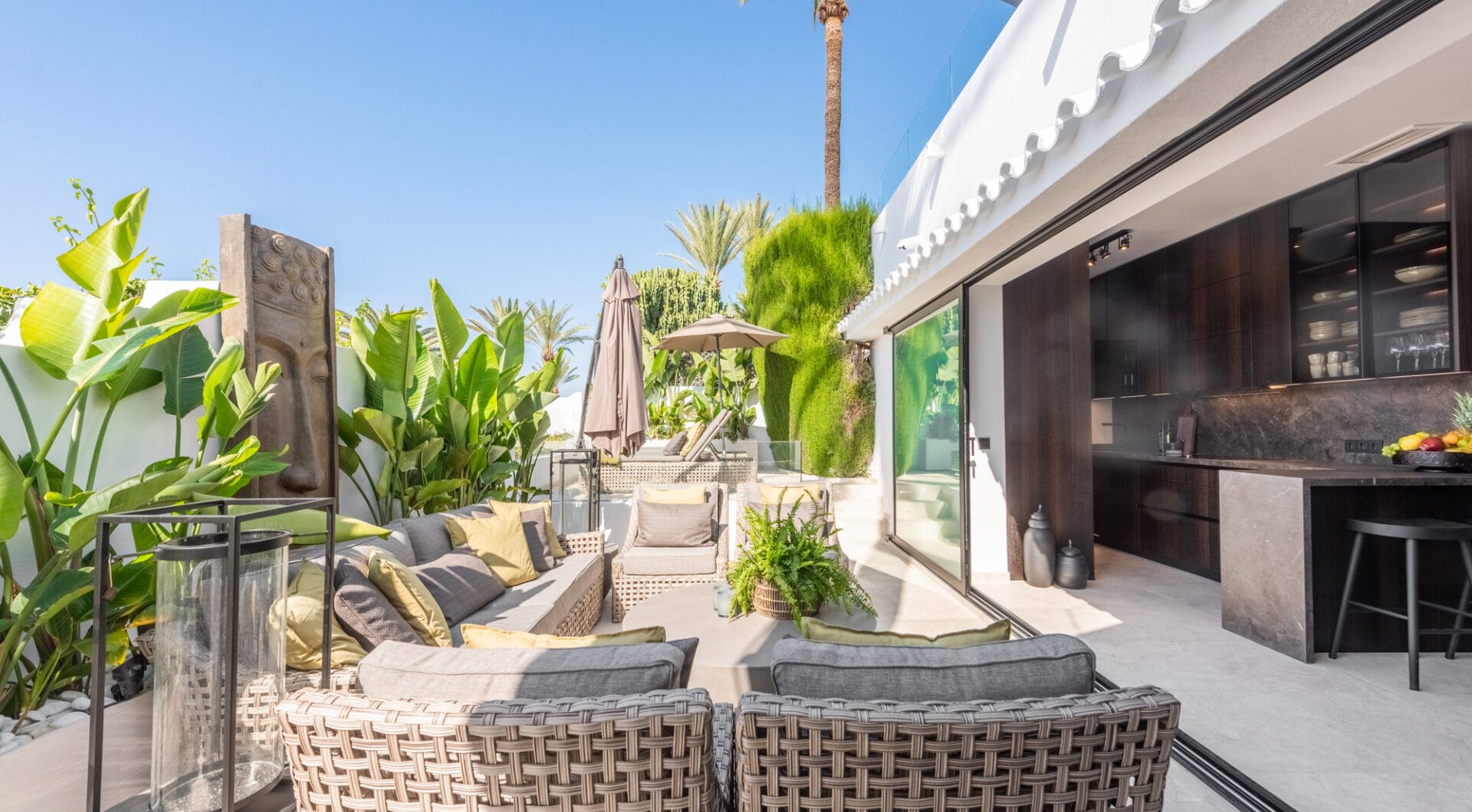 Scandi-style design bungalow in the beachfront Oasis Club on Marbella's Golden Mile.