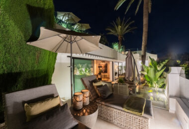 Scandi-style design bungalow in the beachfront Oasis Club on Marbella's Golden Mile.