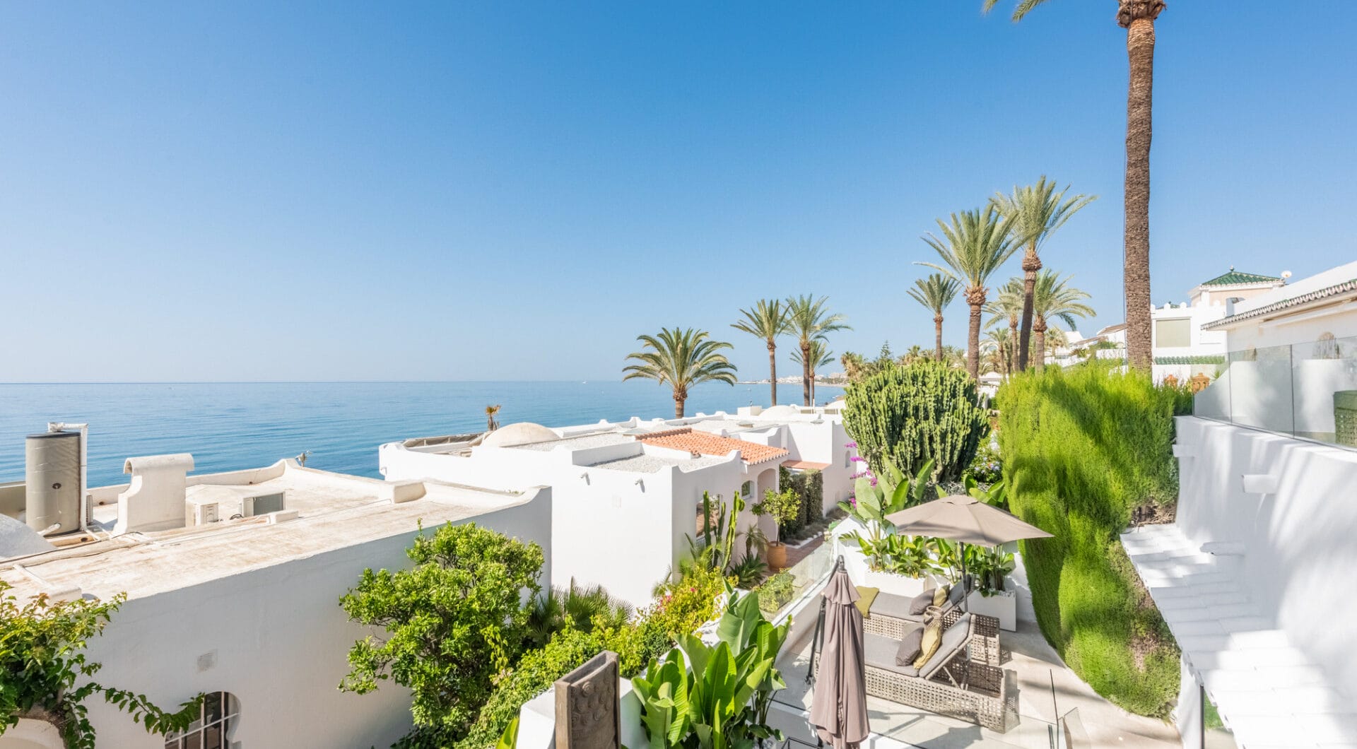 Scandi-style design bungalow in the beachfront Oasis Club on Marbella's Golden Mile.