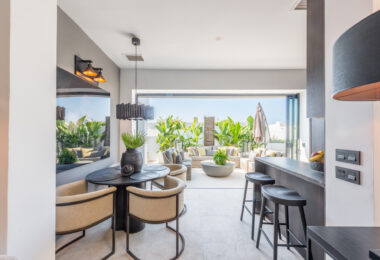 Scandi-style design bungalow in the beachfront Oasis Club on Marbella's Golden Mile.