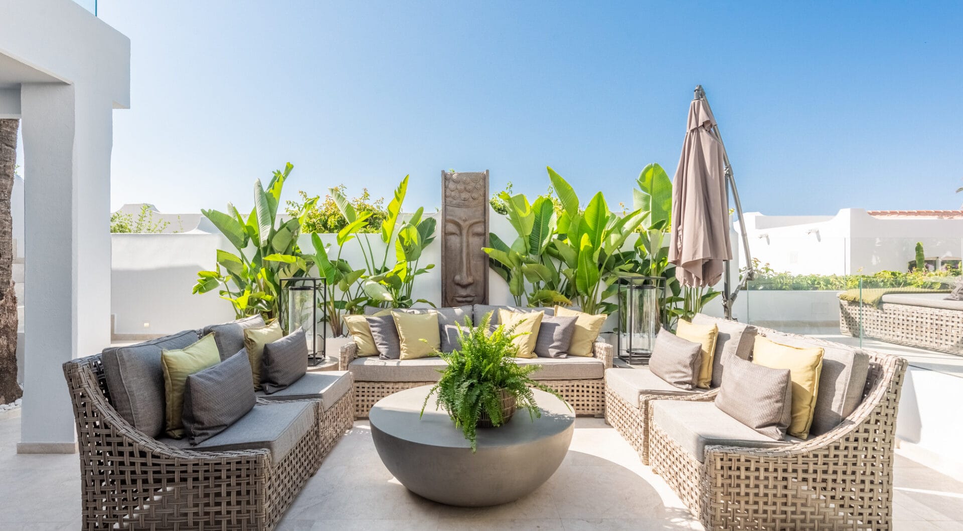 Scandi-style design bungalow in the beachfront Oasis Club on Marbella's Golden Mile.