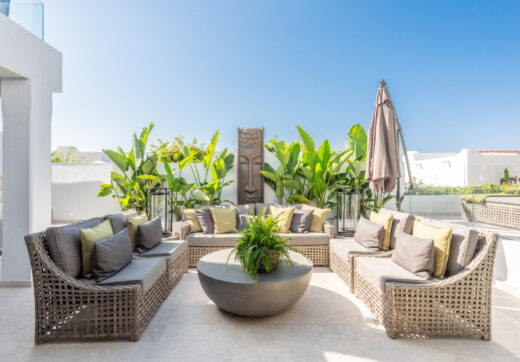 Scandi-style design bungalow in the beachfront Oasis Club on Marbella's Golden Mile.