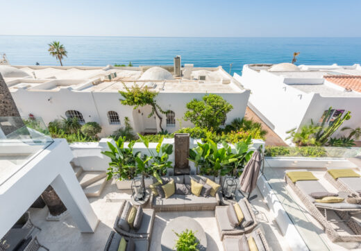 Scandi-style design bungalow in the beachfront Oasis Club on Marbella's Golden Mile.