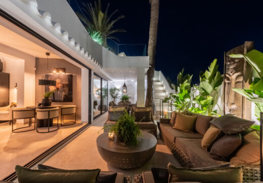 Scandi-style design bungalow in the beachfront Oasis Club on Marbella's Golden Mile.