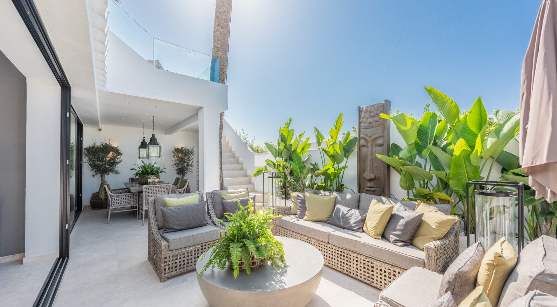 Scandi-style design bungalow in the beachfront Oasis Club on Marbella's Golden Mile.