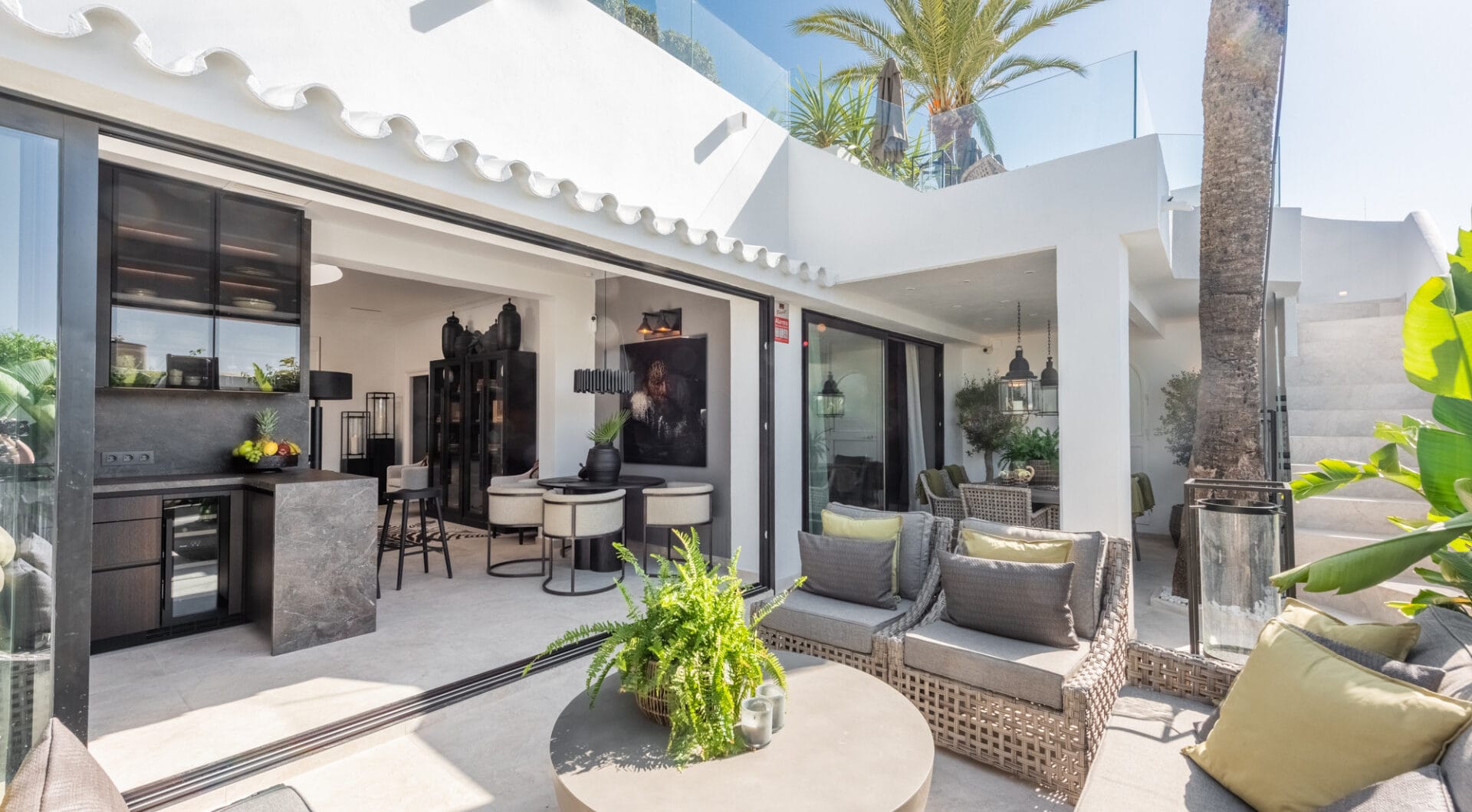 Scandi-style design bungalow in the beachfront Oasis Club on Marbella's Golden Mile.