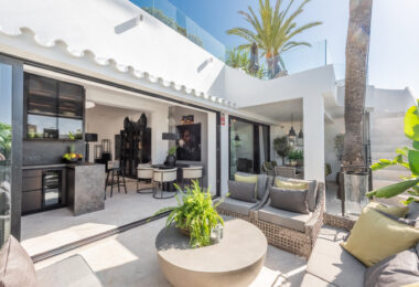 Scandi-style design bungalow in the beachfront Oasis Club on Marbella's Golden Mile.