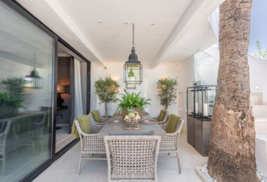 Scandi-style design bungalow in the beachfront Oasis Club on Marbella's Golden Mile.