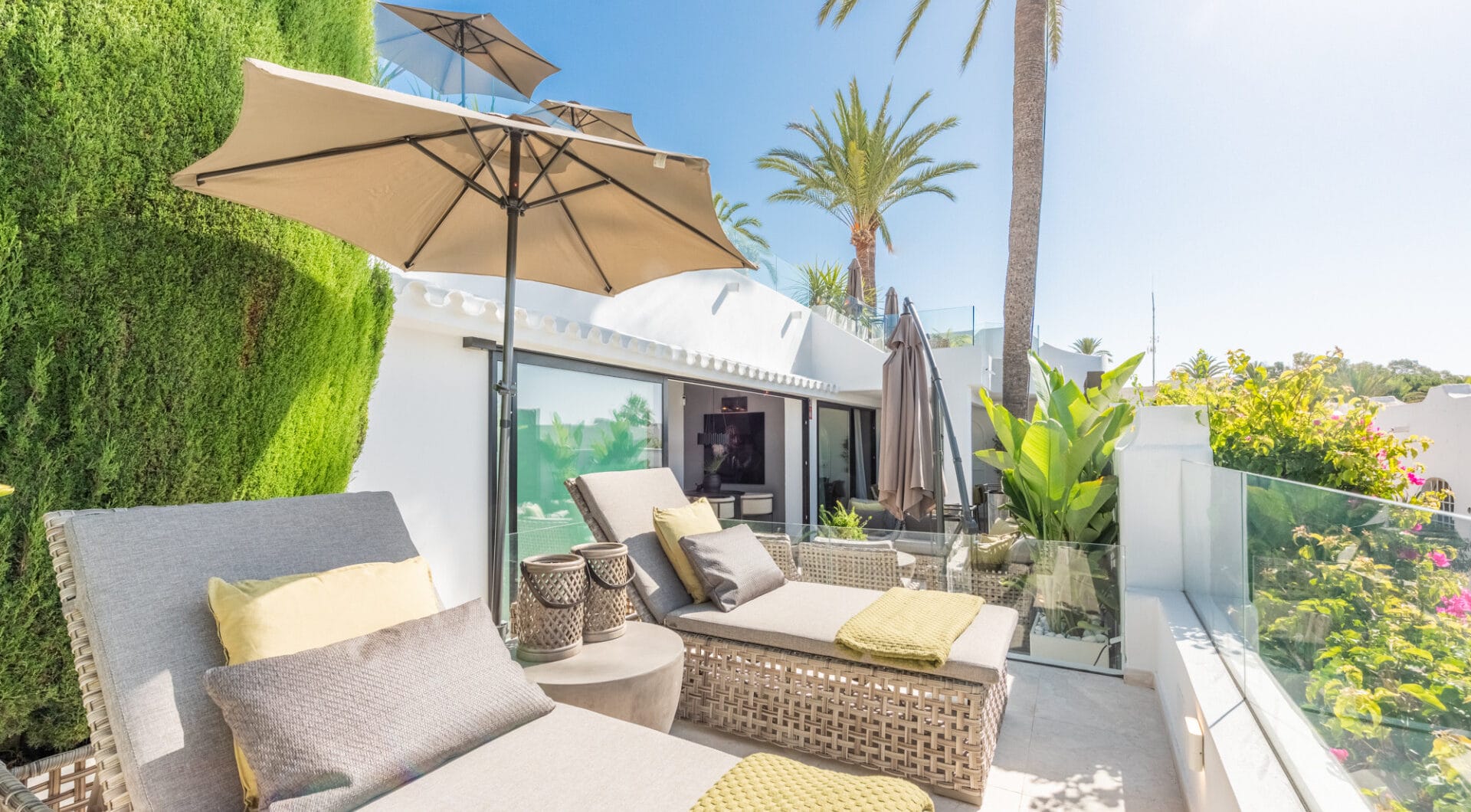 Scandi-style design bungalow in the beachfront Oasis Club on Marbella's Golden Mile.